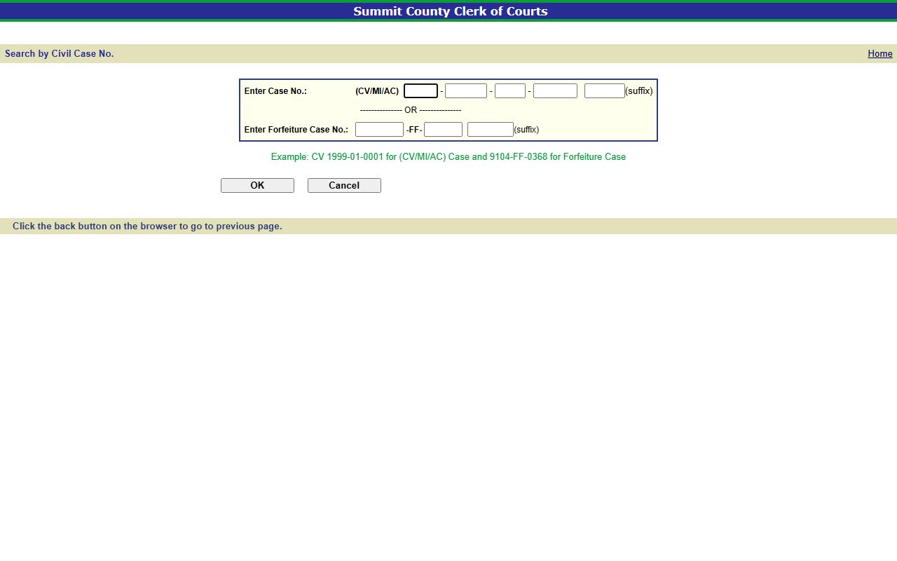 Summit County Clerk of Courts civil case number search form for court records