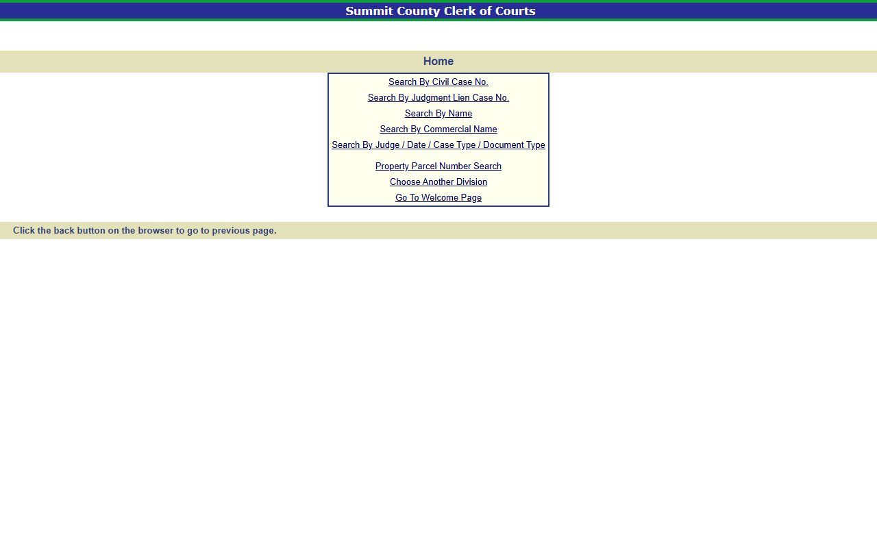 Summit County Clerk of Courts civil records search menu for court records