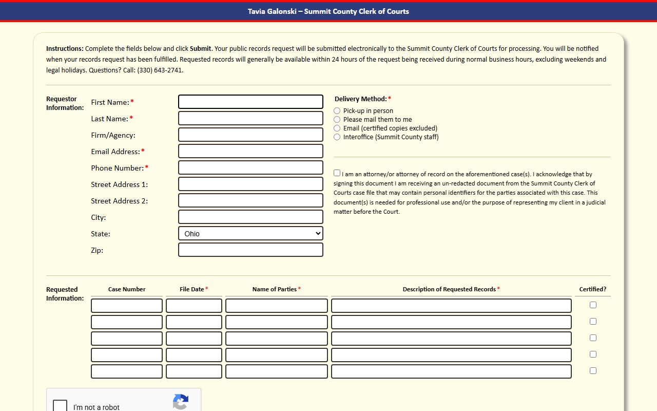 Summit County Clerk of Courts public records request form for court records