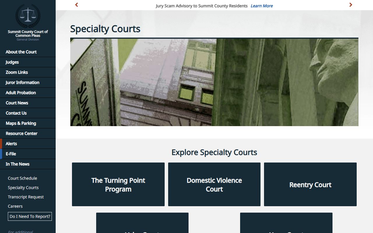 Summit County specialty courts page listing specialized court dockets
