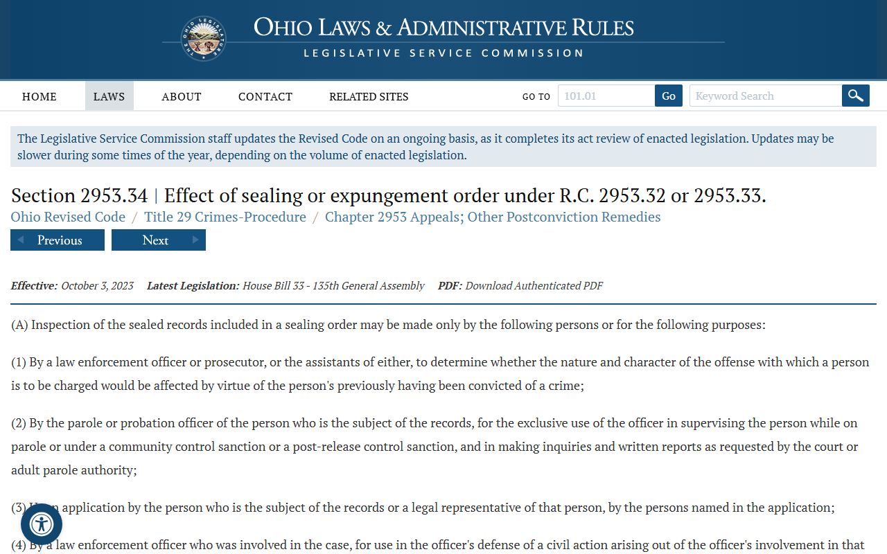 Ohio Revised Code 2953.34 page on sealing effect for Summit County court records