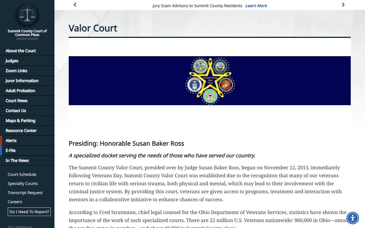 Summit County Valor Court docket page for the veterans treatment court