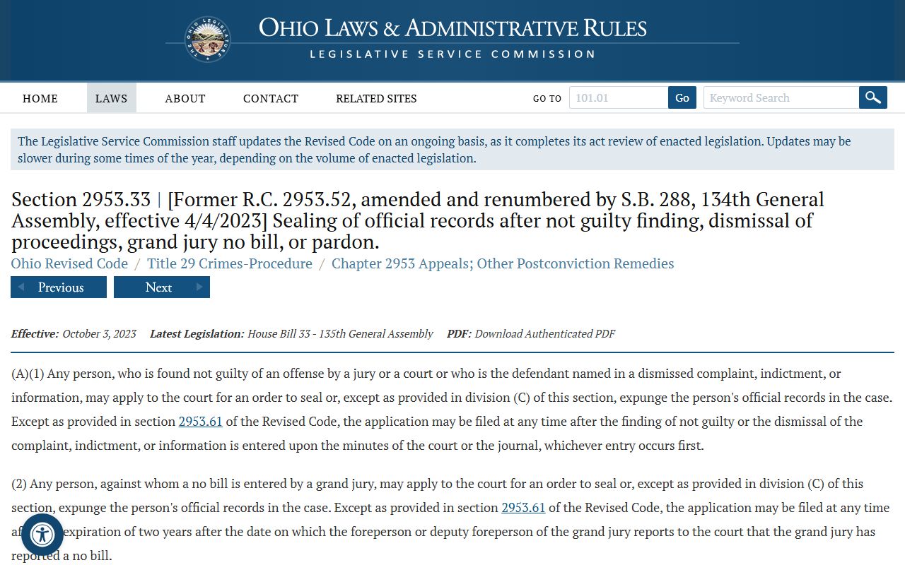 Ohio statute for sealing Summit County arrest records after a non-conviction