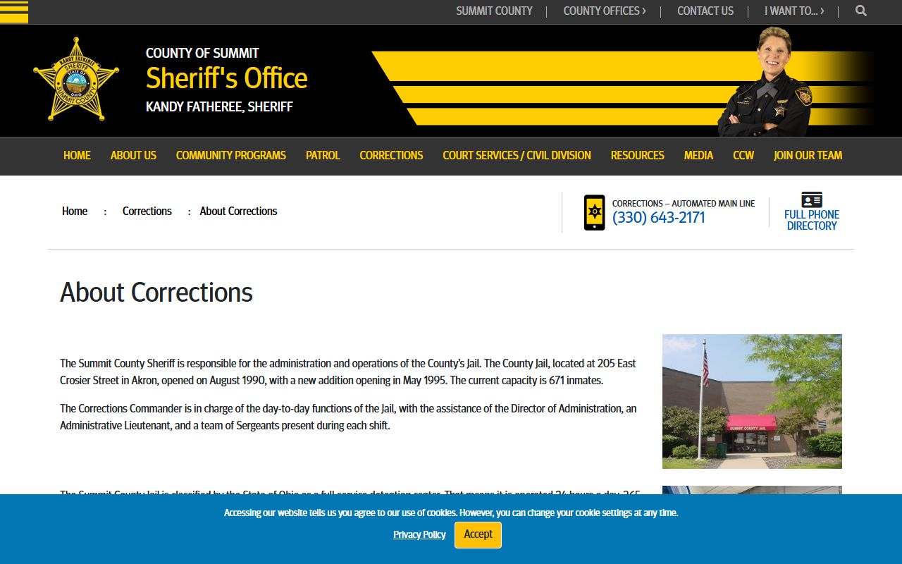 Summit County inmate corrections overview page from the Sheriff's Office
