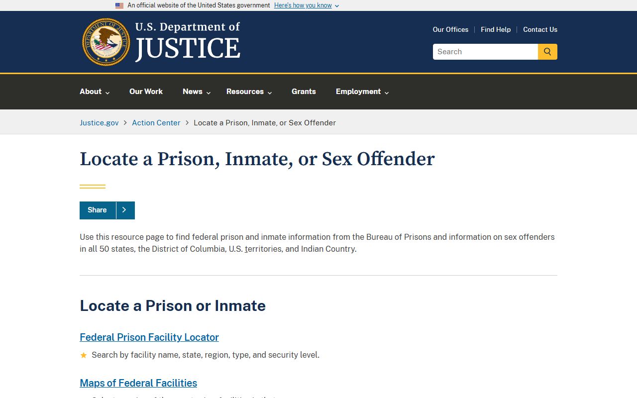 U.S. Department of Justice page to locate a federal inmate after a Summit County arrest