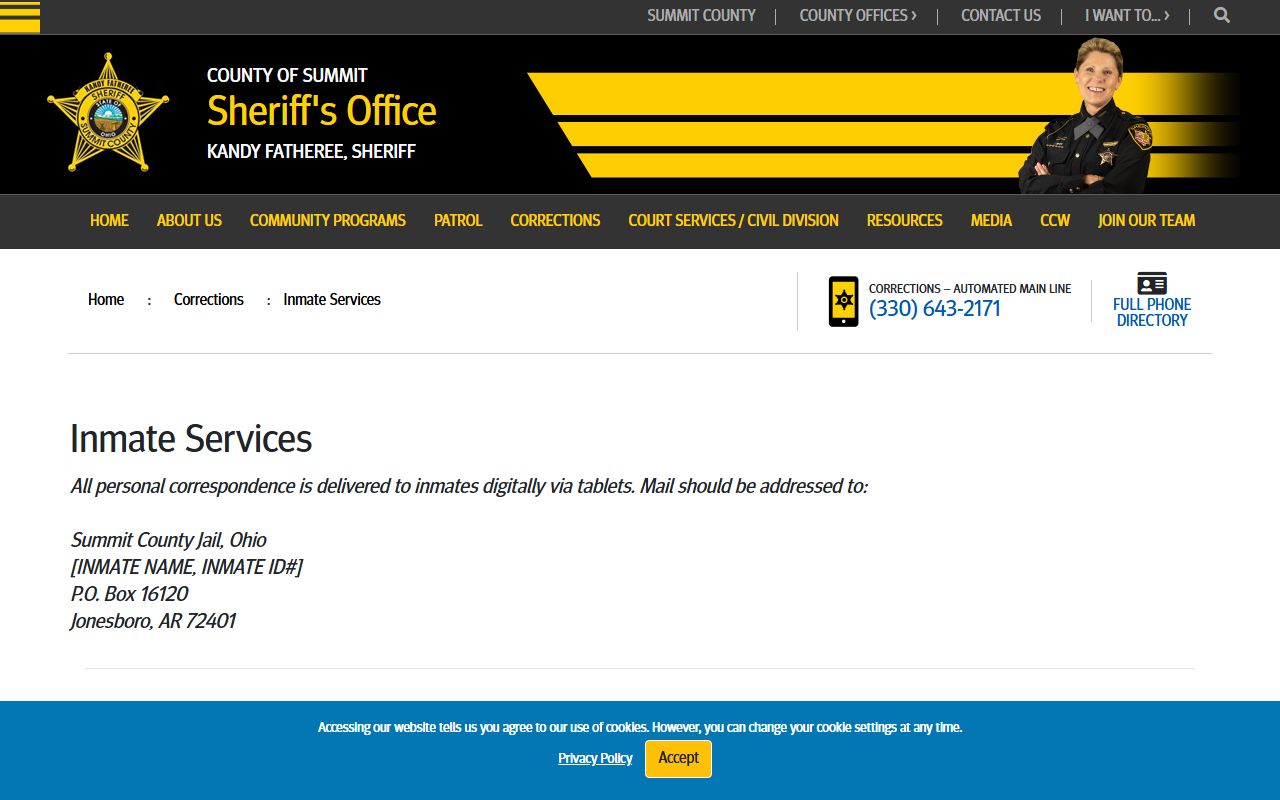 Summit County inmate services page listing mail, visitation, and account options