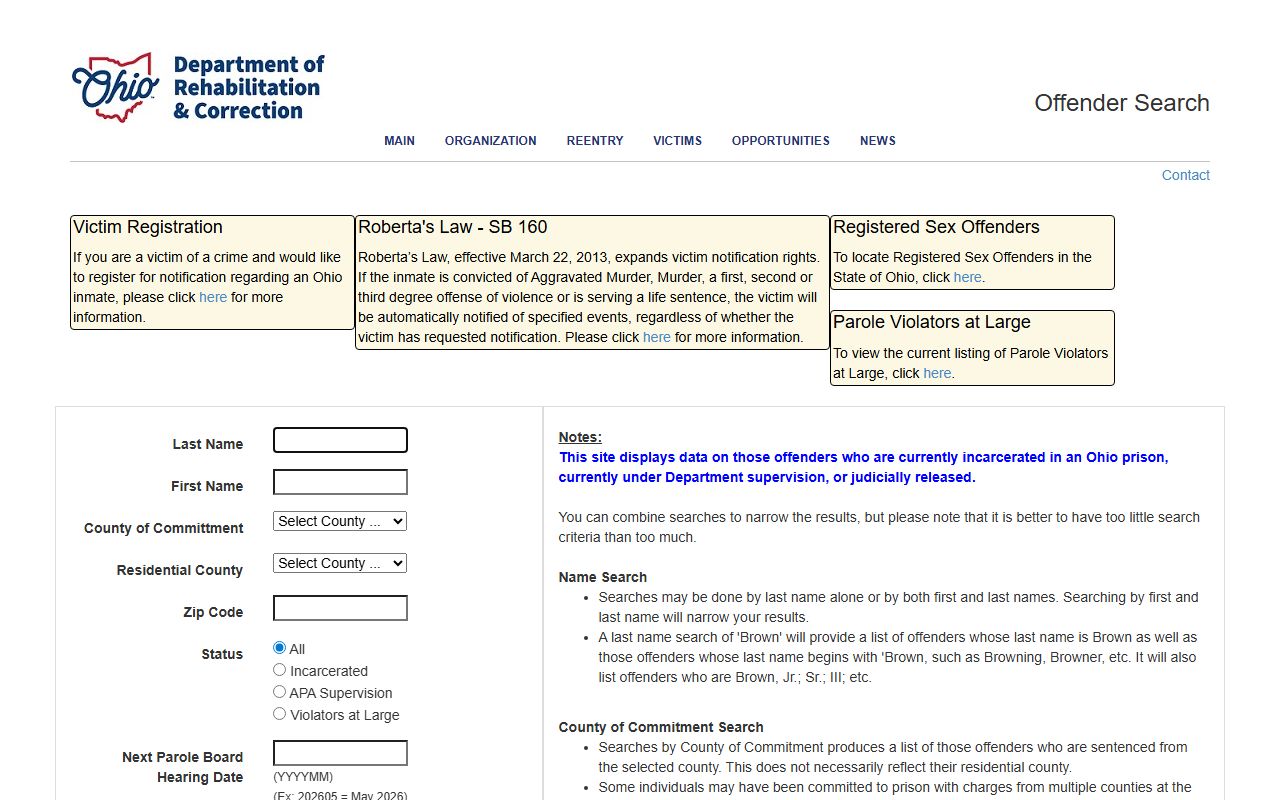 Ohio DRC offender search page used for a Summit County inmate moved to state prison