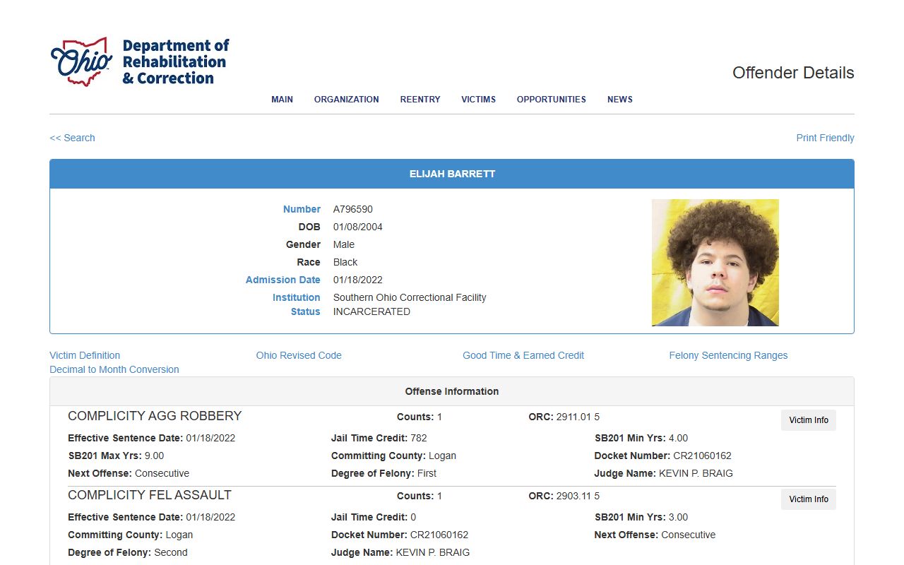 Sample Ohio DRC offender details record for a former Summit County inmate