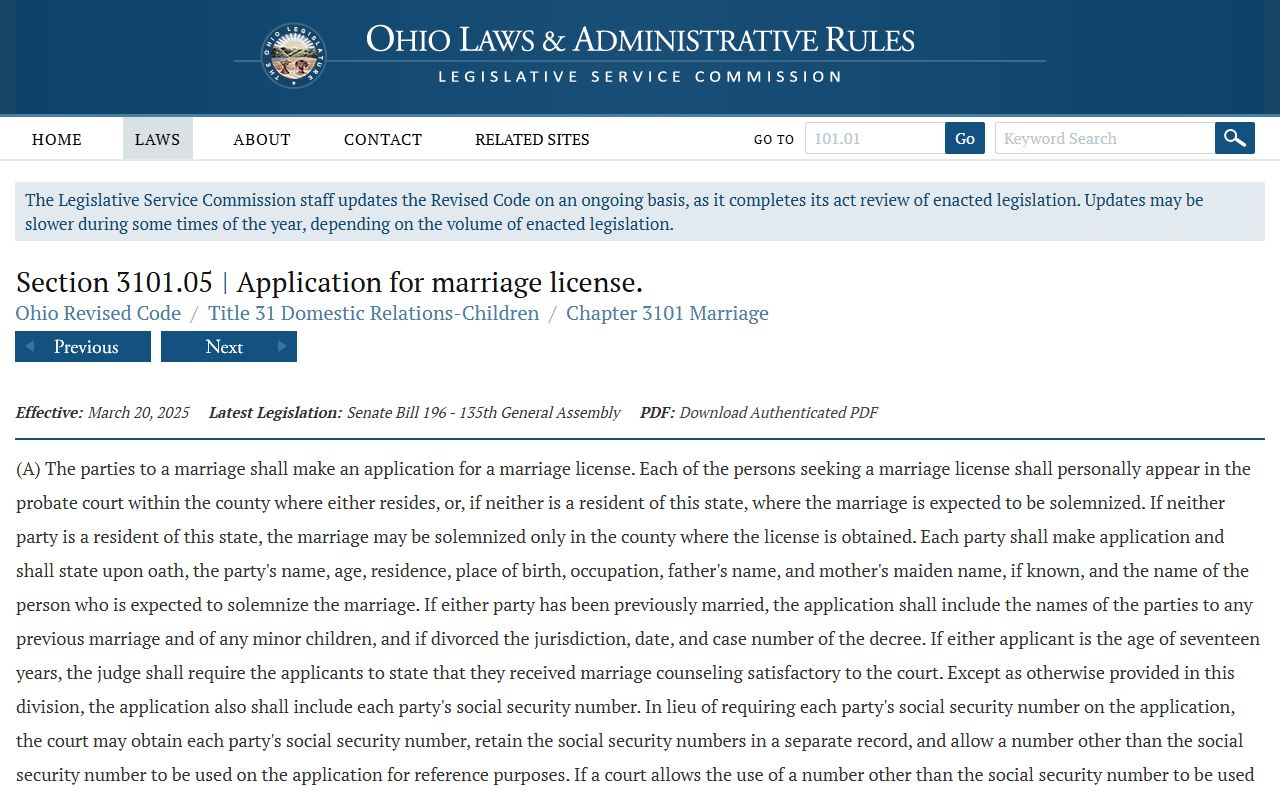 Ohio marriage license statute behind Summit County probate records