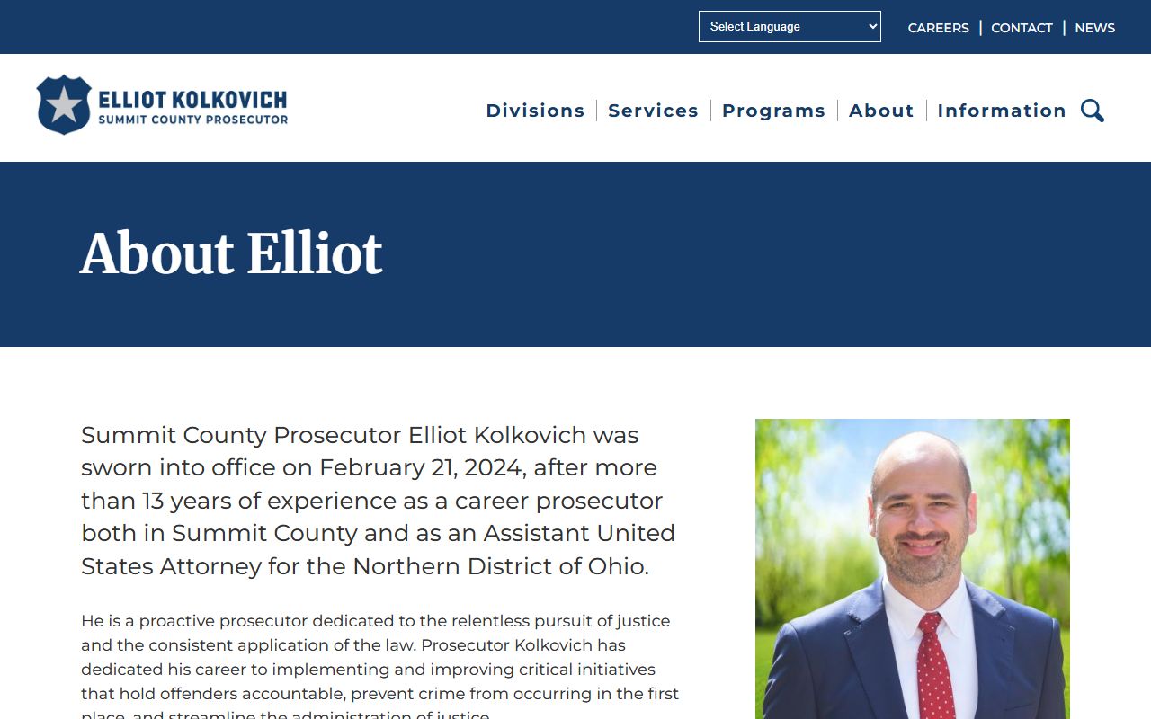Biography page for Summit County Prosecutor Elliot Kolkovich and public records context