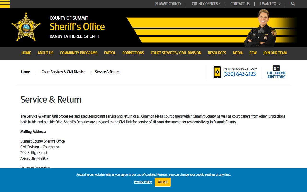 Summit County warrant and civil service page for the Sheriff's Service and Return Unit