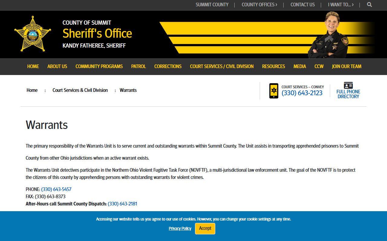 Summit County warrant unit page showing the Sheriff's Warrants Unit contact details